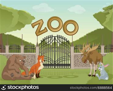 Vector image of cartoon zoo with animals