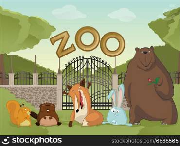 Vector image of cartoon zoo with animals