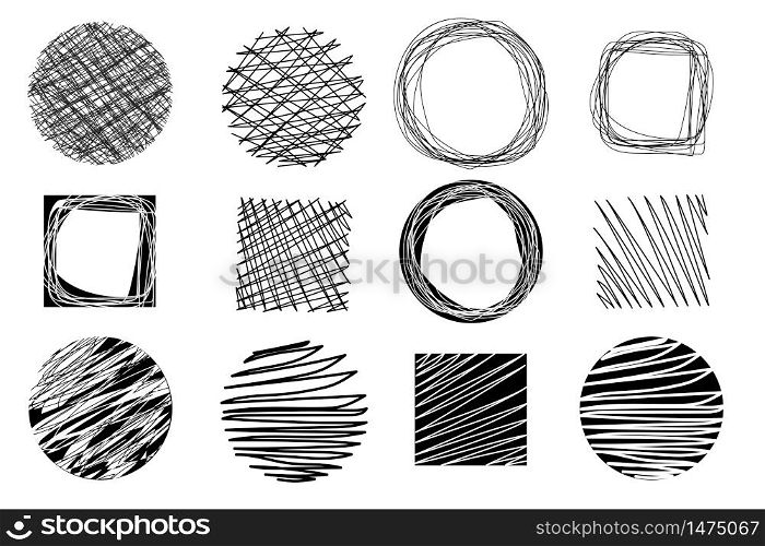 Vector image of circles drawn in pencil. Sketch of round doodles. Ballpoint pen circular drawings by hand. Stock Photo.