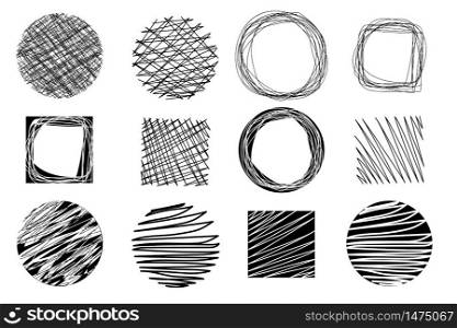 Vector image of circles drawn in pencil. Sketch of round doodles. Ballpoint pen circular drawings by hand. Stock Photo.