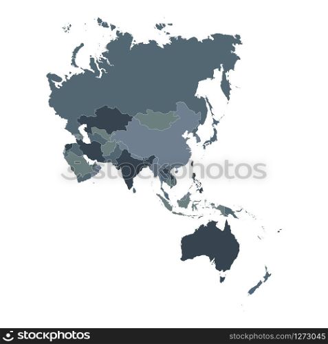 vector image of gray map of Asia and Oceania with borders