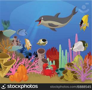 Vector image of sea world with diffirent animals
