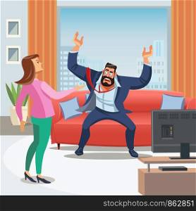 Vector image of Stressful Home environment. Vector Illustration of Cartoon Man Sitting on Sofa shouts wife with his hands up. A Woman trying to calmly talk her Husband. Family Conflict Concept