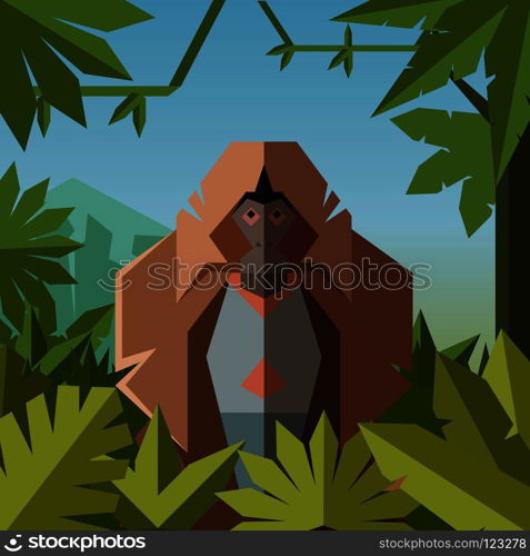 Vector image of the Flat geometric jungle background with Gelada. Flat geometric jungle background with Gelada