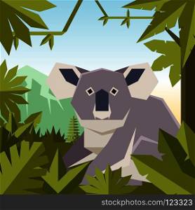 Vector image of the Flat geometric jungle background with Koala. Flat geometric jungle background with Koala