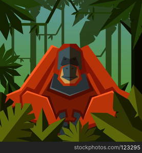 Vector image of the Flat geometric jungle background with Orangutan. Flat geometric jungle background with Orangutan