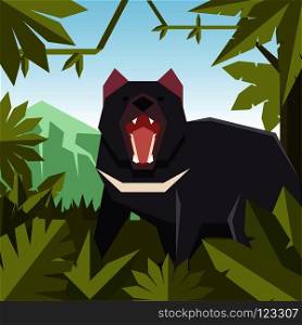 Vector image of the Flat jungle background with Tasmanian devil. Flat jungle background with Tasmanian devil