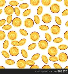Vector image Pattern Many Gold Coins Euro Sign. Set Vector Illustration Cartoon Seamless Set Gold Coins with Euro Sign Isolated White Background. Concept Financial growth Company, City.