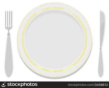 Vector image plates with a gold rim with a fork and knife