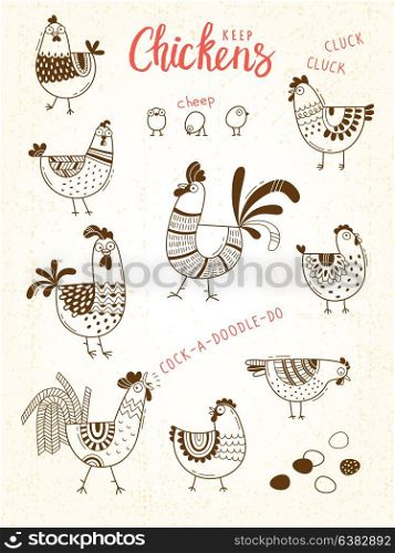 Vector images of chickens, hens, cocks, eggs in cartoon style, line art. Elements for design cover food package, advertising banner, card. Vector images of chickens, hens, cocks, eggs in cartoon style, line art. Elements for design cover food package, advertising banner, card.