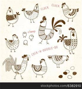 Vector images of chickens, hens, cocks, eggs in cartoon style, line art. Elements for design cover food package, advertising banner, card. Vector images of chickens, hens, cocks, eggs in cartoon style, line art. Elements for design cover food package, advertising banner, card.