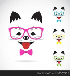 Vector images of dog wearing glasses on white background.