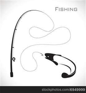 Vector images of fishing rod and fish on white background