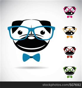 Vector images of pug dog wearing glasses on white background.