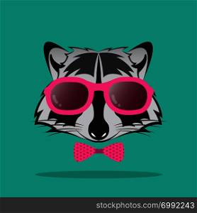 Vector images of raccoon and glasses on blue background.