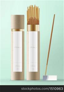 Vector Incense Stick with Kraft Paper Cone Packaging with White & Blue Ceramic Dish.