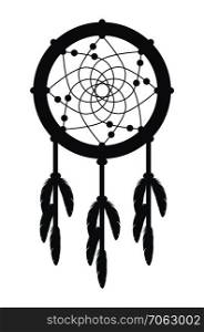 vector indian dream catcher symbol. black dreamcatcher design illustration isolated on white background. ethnic indian decoration pattern of dream catcher with bird feathers