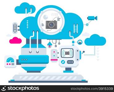 Vector industrial illustration background of the cloud technology cameras. Color bright flat design for banner, web, site, advertising, print, poster.