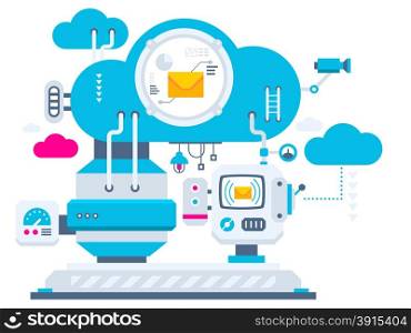 Vector industrial illustration background of the cloud technology envelopes. Color bright flat design for banner, web, site, advertising, print, poster.