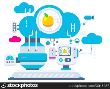 Vector industrial illustration background of the cloud technology for apples. Color bright flat design for banner, web, site, advertising, print, poster.