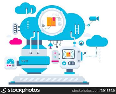 Vector industrial illustration background of the cloud technology for open books. Color bright flat design for banner, web, site, advertising, print, poster.