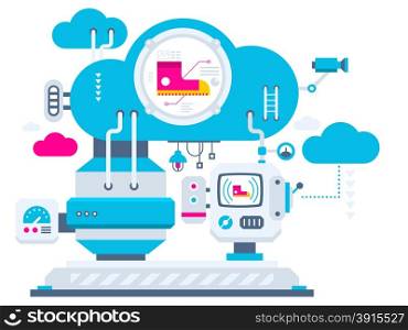 Vector industrial illustration background of the cloud technology for sneakers. Color bright flat design for banner, web, site, advertising, print, poster.