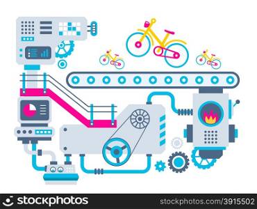 Vector industrial illustration background of the factory for manufacture bikes. Color bright flat design for banner, web, site, advertising, print, poster.