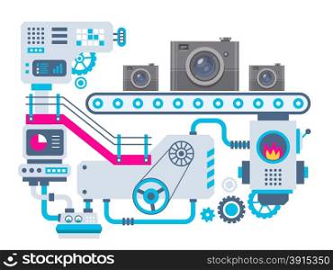 Vector industrial illustration background of the factory for manufacture cameras. Color bright flat design for banner, web, site, advertising, print, poster.