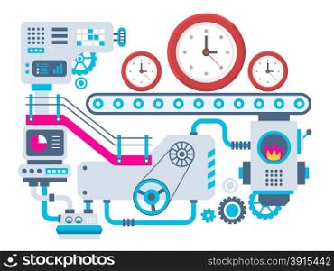 Vector industrial illustration background of the factory for manufacture clocks. Color bright flat design for banner, web, site, advertising, print, poster.