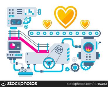 Vector industrial illustration background of the factory for manufacture hearts. Color bright flat design for banner, web, site, advertising, print, poster.