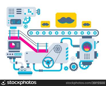 Vector industrial illustration background of the factory for manufacture mustache. Color bright flat design for banner, web, site, advertising, print, poster.