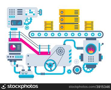 Vector industrial illustration background of the factory for manufacture servers. Color bright flat design for banner, web, site, advertising, print, poster.