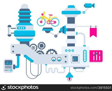 Vector industrial illustration background of the factory for measurement of the parameters bike. Color bright flat design for banner, web, site, advertising, print, poster.