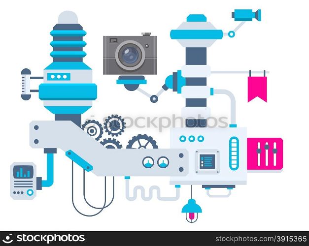 Vector industrial illustration background of the factory for measurement of the parameters camera. Color bright flat design for banner, web, site, advertising, print, poster.