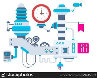 Vector industrial illustration background of the factory for measurement of the parameters clock. Color bright flat design for banner, web, site, advertising, print, poster.