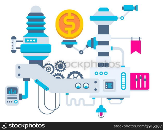 Vector industrial illustration background of the factory for measurement of the parameters gold coins. Color bright flat design for banner, web, site, advertising, print, poster.