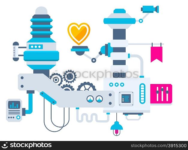Vector industrial illustration background of the factory for measurement of the parameters hearts. Color bright flat design for banner, web, site, advertising, print, poster.