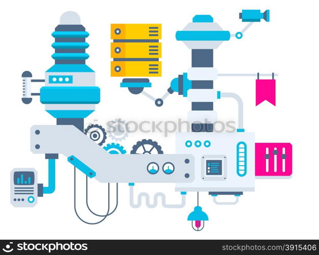 Vector industrial illustration background of the factory for measurement of the parameters server. Color bright flat design for banner, web, site, advertising, print, poster.