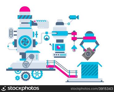 Vector industrial illustration background of the factory for packing camera. Color bright flat design for banner, web, site, advertising, print, poster.