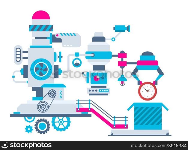Vector industrial illustration background of the factory for packing clock. Color bright flat design for banner, web, site, advertising, print, poster.