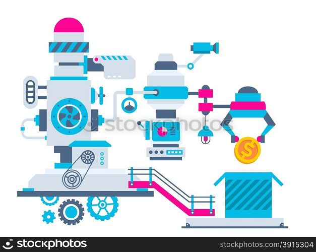 Vector industrial illustration background of the factory for packing gold coin. Color bright flat design for banner, web, site, advertising, print, poster.