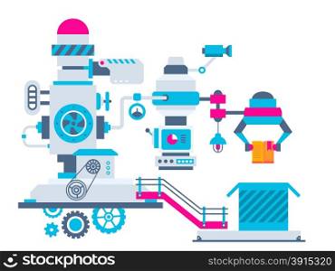 Vector industrial illustration background of the factory for packing open book. Color bright flat design for banner, web, site, advertising, print, poster.