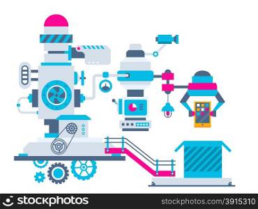 Vector industrial illustration background of the factory for packing phone. Color bright flat design for banner, web, site, advertising, print, poster.