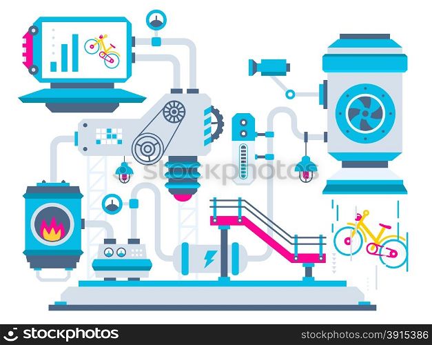 Vector industrial illustration background of the factory for processing bikes. Color bright flat design for banner, web, site, advertising, print, poster.