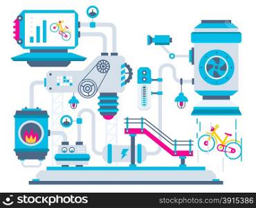 Vector industrial illustration background of the factory for processing bikes. Color bright flat design for banner, web, site, advertising, print, poster.