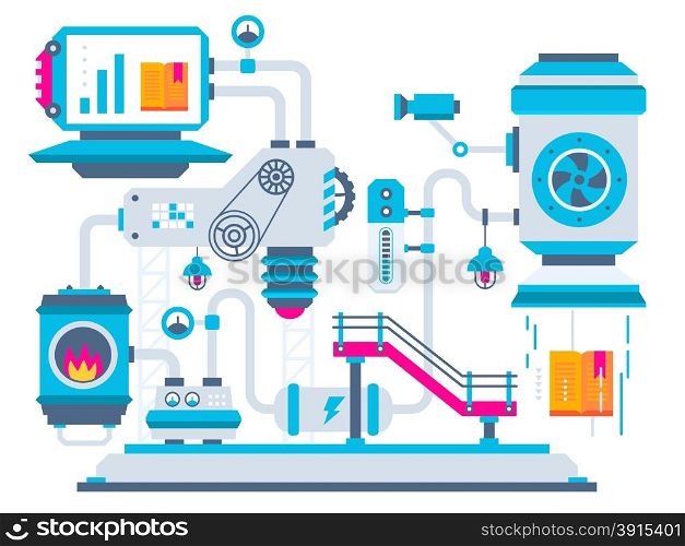 Vector industrial illustration background of the factory for processing books. Color bright flat design for banner, web, site, advertising, print, poster.