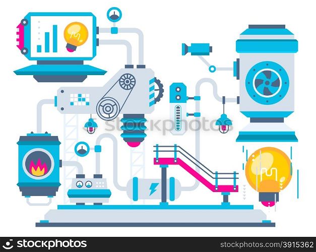 Vector industrial illustration background of the factory for processing bulbs. Color bright flat design for banner, web, site, advertising, print, poster.
