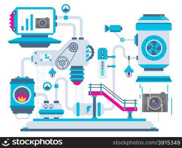 Vector industrial illustration background of the factory for processing cameras. Color bright flat design for banner, web, site, advertising, print, poster.
