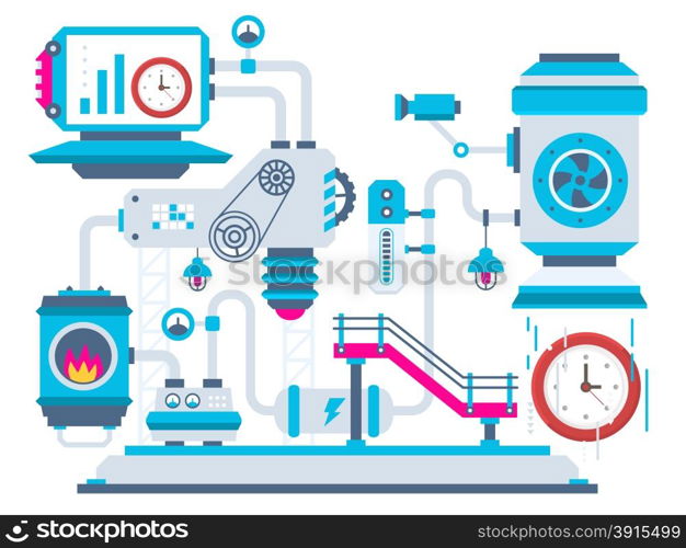 Vector industrial illustration background of the factory for processing clocks. Color bright flat design for banner, web, site, advertising, print, poster.