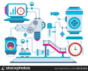 Vector industrial illustration background of the factory for processing clocks. Color bright flat design for banner, web, site, advertising, print, poster.
